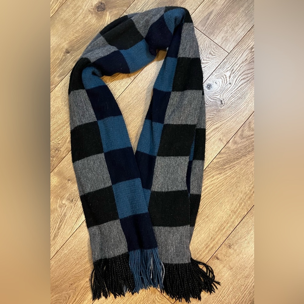 Dixie Check Fringe Scarf - Black, Navy, Teal and Gray - Oversize